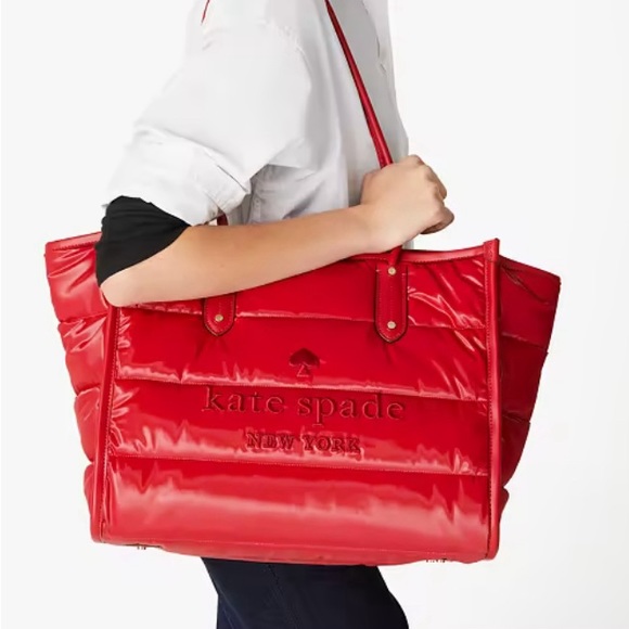 BNWT Kate Spade Ella X-Large puffy tote bag quilted CHERRY RED travel work - Picture 3 of 16